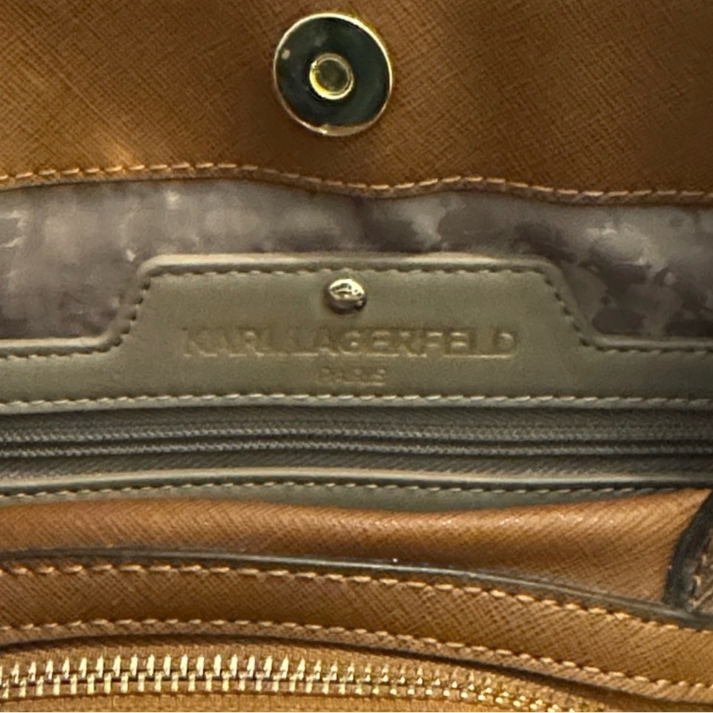 Karl Lagerfeld Paris Vegan Brown Monogram Triple Entry Tote Handbag - Picture 7 of 12